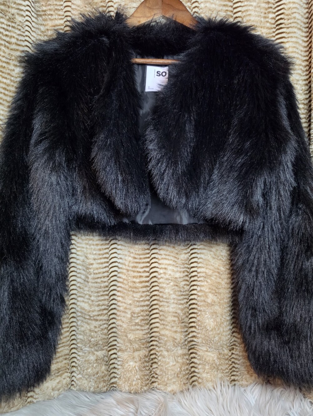 SO Black Faux Fur Cropped Teddy Jacket
